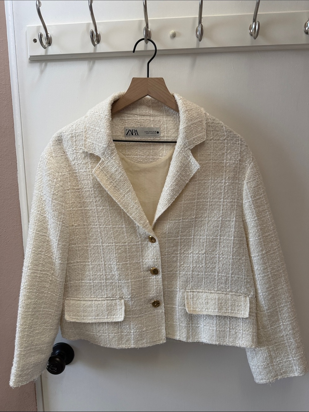 Zara Ivory Tweed Cropped Blazer with Gold Buttons